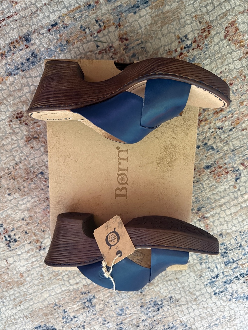 Born Navy Leather Crossover Wedge Sandals with Wood-Effect Heel - Picture 8 of 9